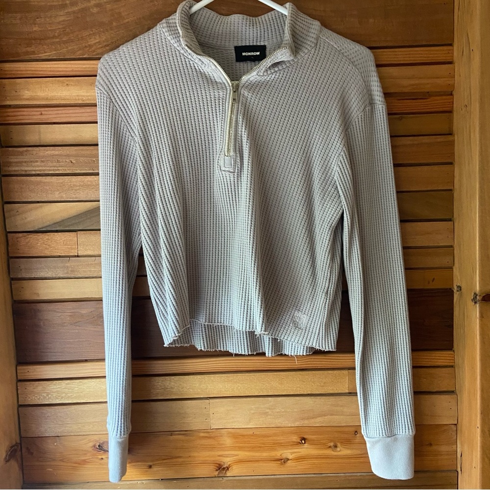 Monrow Waffle Knit Half-Zip Crop Long Sleeve Top, Gray, S